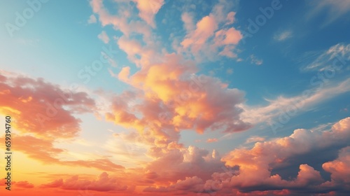 Blue sky at sunset. The sky is blue with occasional clouds. Summer skies, foggy blue sky, blue sky clouds.