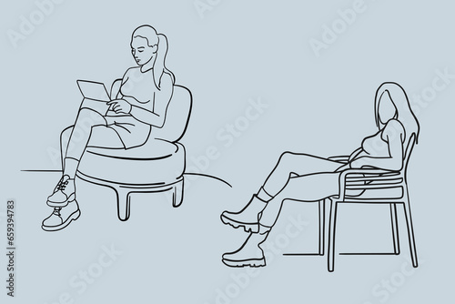 Sitting girls line art on a chair on a blue background. Office worker. The working process. Minimal vector illustration. 
