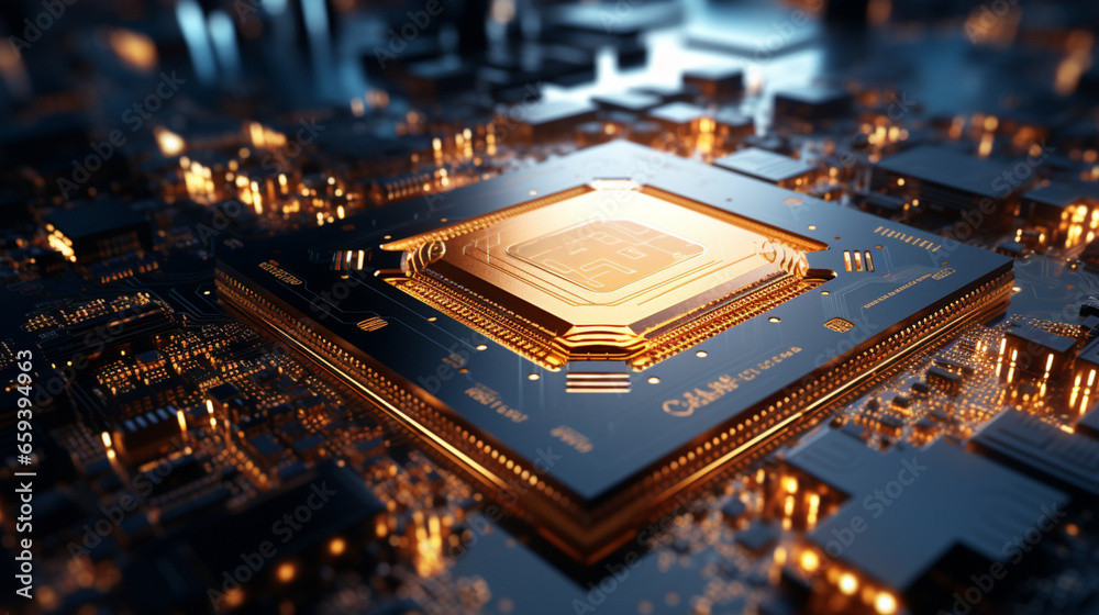 Fototapeta premium High-tech Computer chip close up shot, production of electronic, circuit board, futuristic design, extreme detail