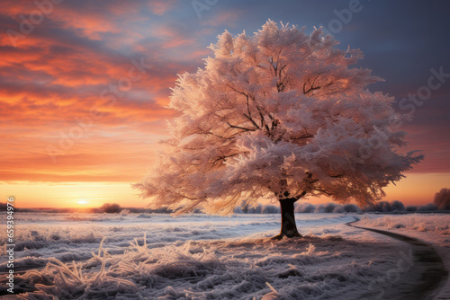 Majestic Winter Landscape, Snowy Sunset postcard. Generative AI © Stefan