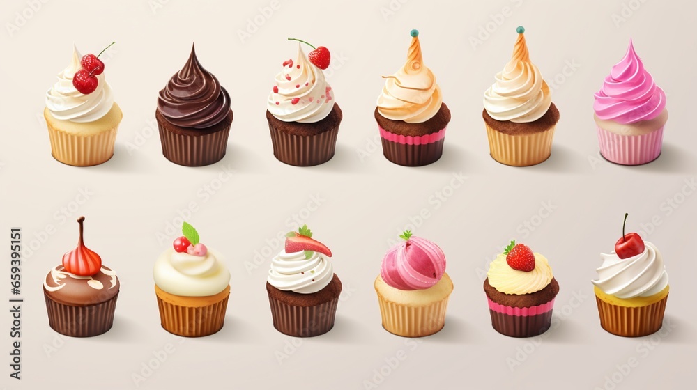 Food that is sweet. Set of realistic cake and cupcake vector icons