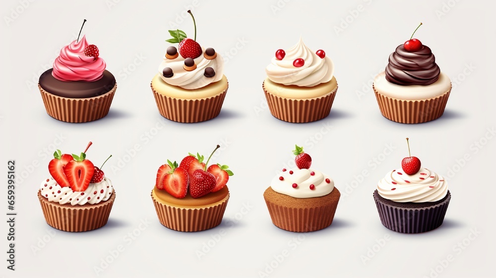 Food that is sweet. Set of realistic cake and cupcake vector icons. Food that is sweet. Set of realistic cake and cupcake vector icons.