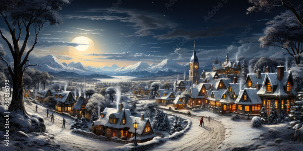 Scenic Christmas Village Postcard: Snowy Mountains, Cozy Cottages, and Holiday Magic. Generative AI
