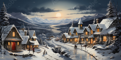 Scenic Christmas Village Postcard: Snowy Mountains, Cozy Cottages, and Holiday Magic. Generative AI © Stefan
