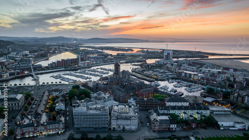Billede på lærred Editorial Swansea, UK - October 08, 2023: Drone view of the River Tawe and the d