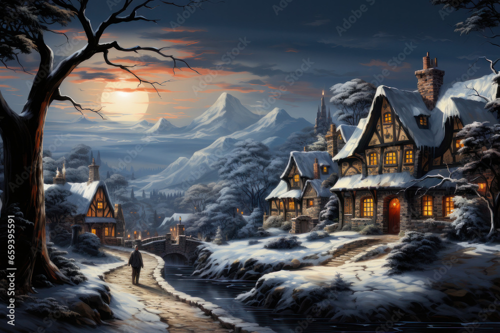 Enchanting Christmas Village in Snowy Mountains Postcard, generative AI