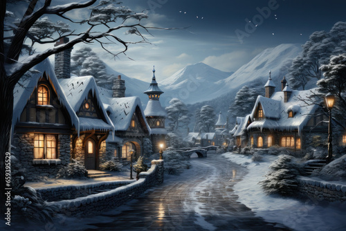 Winter Wonderland Postcard, Serene Christmas Village in the Snow - Festive, Cozy, and Magical. Generative AI © Stefan