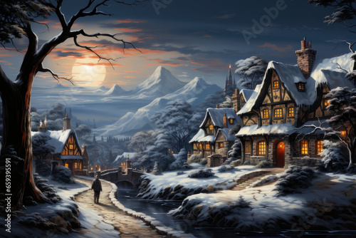 Enchanting Christmas Village in Snowy Mountains Postcard, generative AI © Stefan