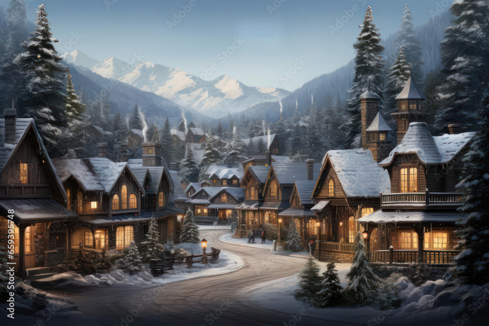 Enchanting Christmas Village in Snowy Mountains Postcard, generative AI