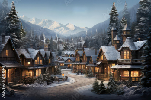 Enchanting Christmas Village in Snowy Mountains Postcard, generative AI © Stefan