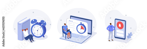 
Time management concept illustration. Collections of characters using time tracker, reminder and notification tools to organize tasks, schedule and increase productivity. Vector illustrations set.