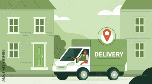 Delivery service concept. Courier driver in delivery truck standing in front of customer house door. Vector illustration.
