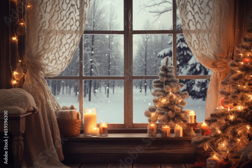 Merry Christmas and Happy Holidays. A beautiful living room decorated for Xmas. Christmas tree and window. Falling snow.