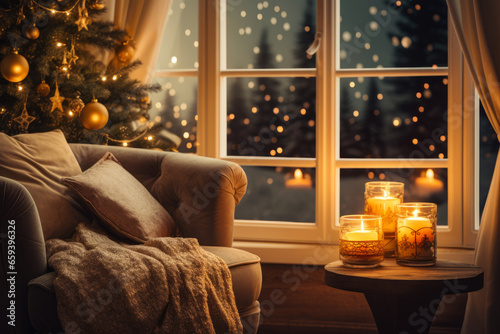 Merry Christmas and Happy Holidays. A beautiful living room decorated for Xmas. Christmas tree and window. Falling snow.