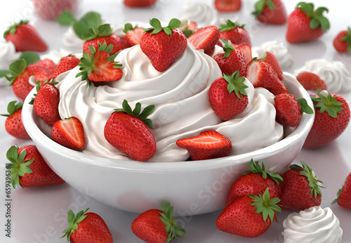 Bowl of Strawberries with Whipped Cream   Delicious Strawberry Dessert   Sweet Treat with Berries and Cream