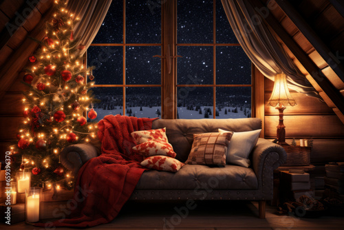 Merry Christmas and Happy Holidays. A beautiful living room decorated for Xmas. Christmas tree and window. Falling snow.