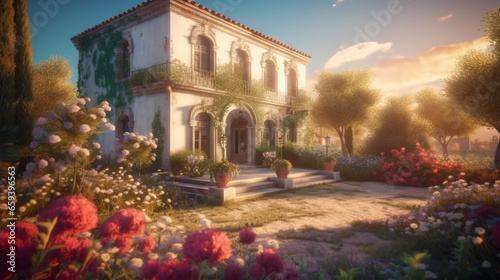 Beautiful old times Italian villa covered in foliage and flowers, Fantasy theme © MD Media
