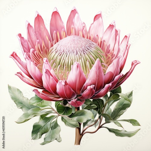 Illustration of a pink king protea flower with green leaves on a white background created with Generative AI technology