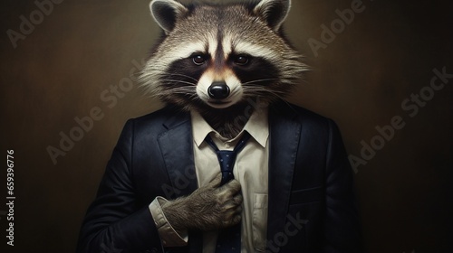 A raccoon in a business suit is depicted in this portrait.