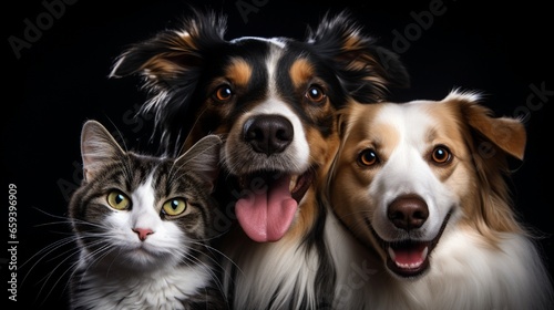 Isolated on white background, a portrait of two amusing dogs and a cat.
