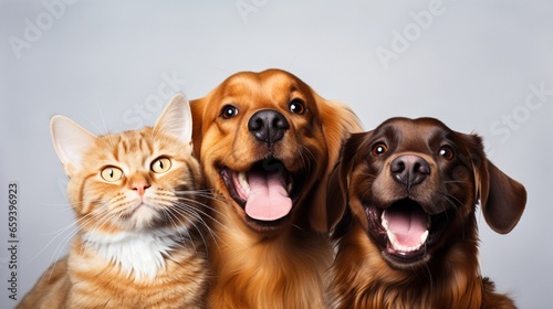 Isolated on white background, a portrait of two amusing dogs and a cat.
