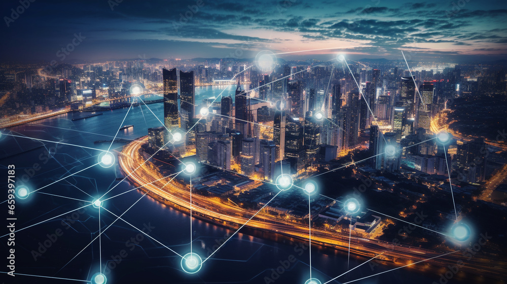 Internet of Things (IoT) concept with interconnected devices in a smart city