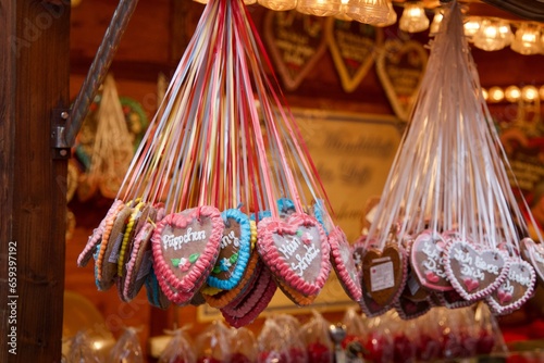 Heart Candy Cookies with Wishes hanging, on a German Christmas Market