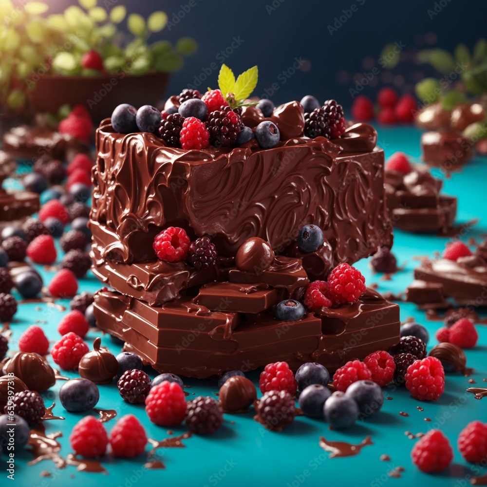 chocolate cake with berries raspberry and blueberry