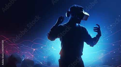Virtual reality gaming concept with a person wearing a headset and using motion controllers