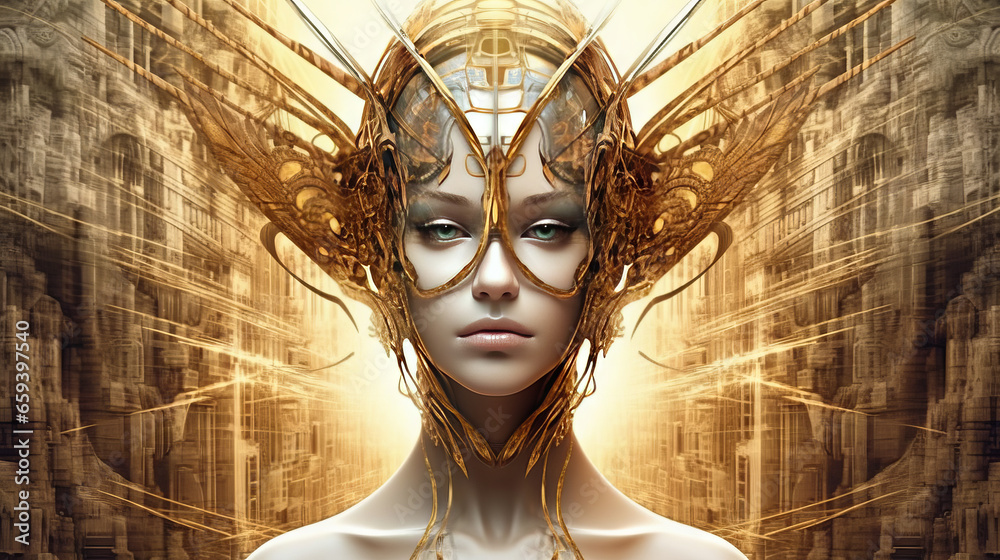 The disturbing face of artificial intelligence. Religion, fantasy, fashion, good and evil concept. Abstract and surreal looking A.I angel with wings illustration - obrazy, fototapety, plakaty 