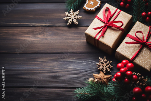 Flatlay topview gift box colorful background christmas theme.Have Copy space For Season of giving Merry christmas concept, Crishtmas day with a spack for writing