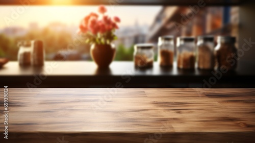 Empty wooden table and blurred background  light shining in the morning in the kitchen interior.