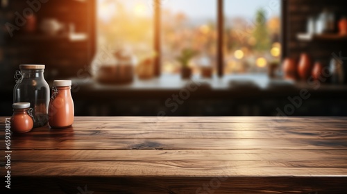 Empty wooden table and blurred background, light shining in the morning in the kitchen interior.