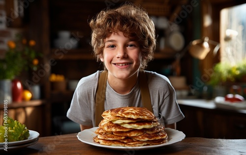 Teen Boy eating Pancakes in the Kitchen.