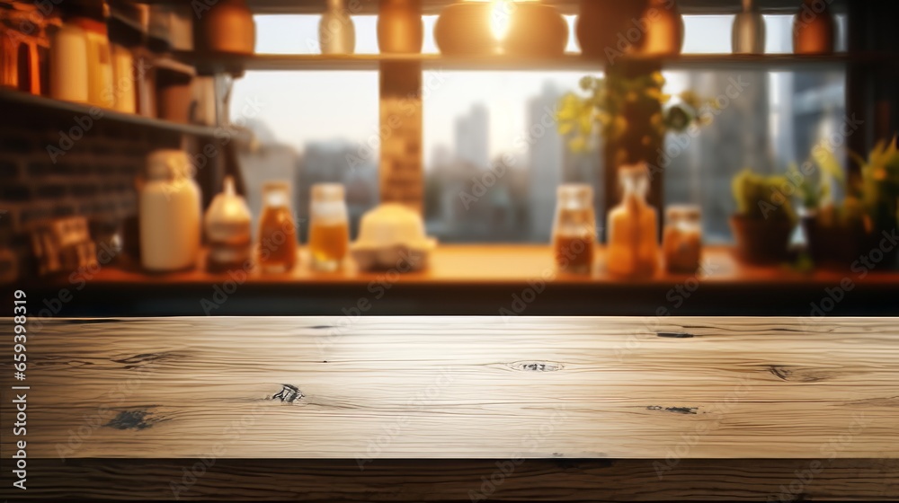 Empty wooden table and blurred background, light shining in the morning in the kitchen interior. Empty wooden table and blurred background, light shining in the morning in the kitchen interior.