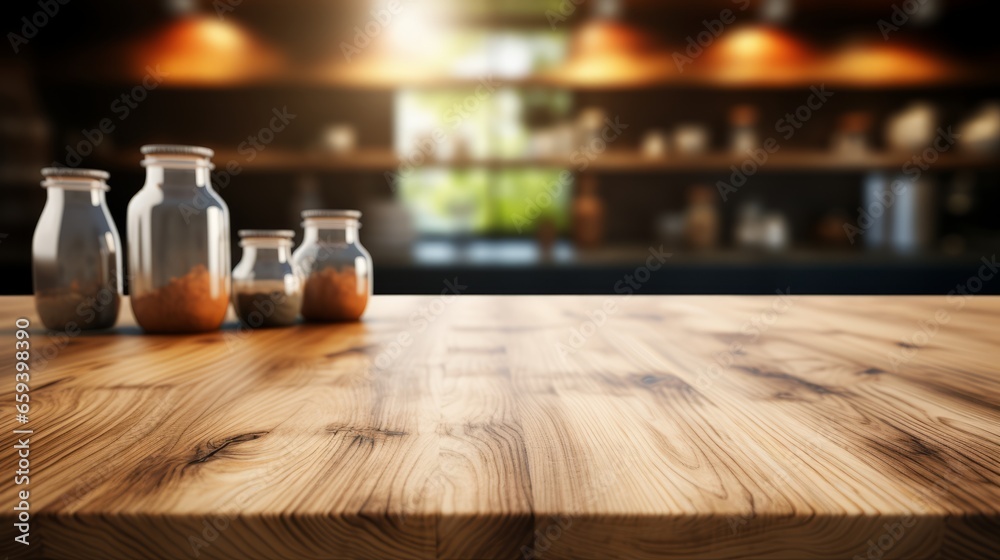 Empty wooden table and blurred background, light shining in the morning in the kitchen interior. Empty wooden table and blurred background, light shining in the morning in the kitchen interior.
