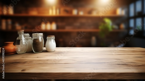 Empty wooden table and blurred background  light shining in the morning in the kitchen interior.