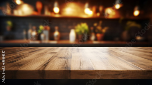 Empty wooden table and blurred background, light shining in the morning in the kitchen interior. © ND STOCK
