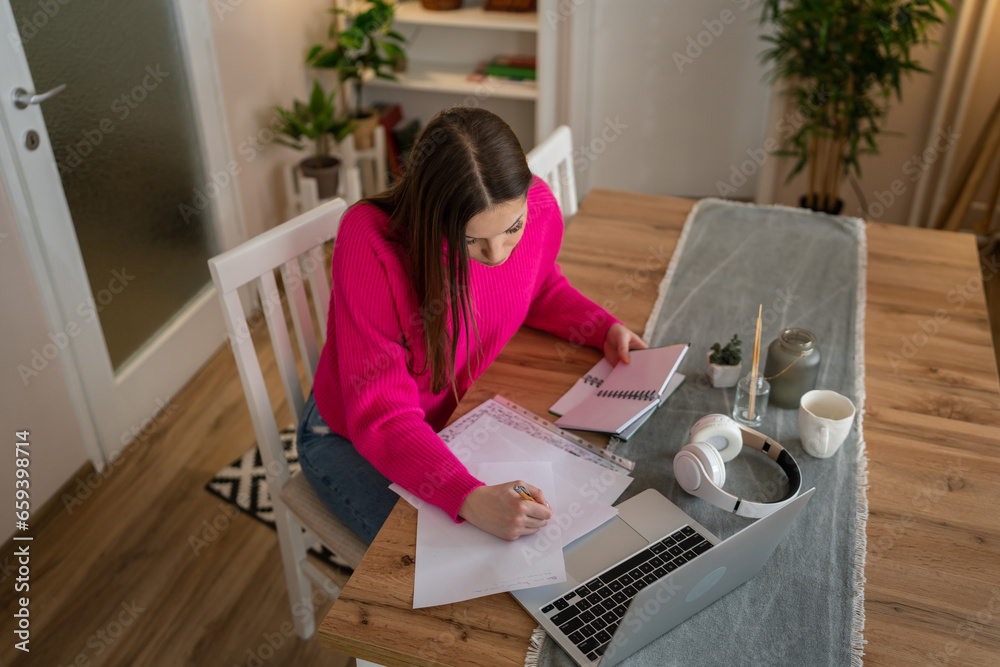 one woman female student study at home education concept one woman female student study at home education concept