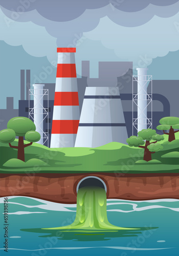 Environmental pollution. Toxic waste dumped into a river or ocean. Vector illustration.