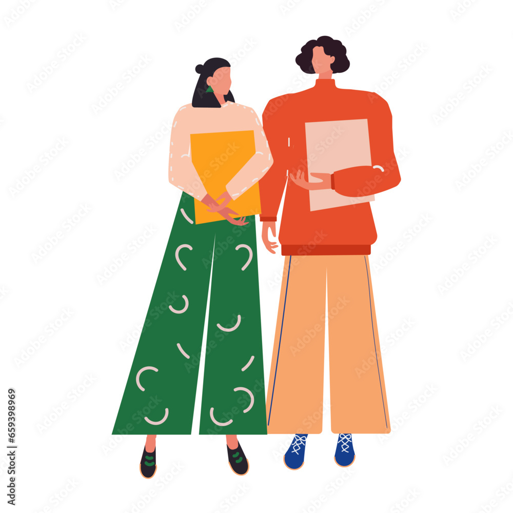Two students, a girl and a guy, are walking and talking. Illustration in flat style.