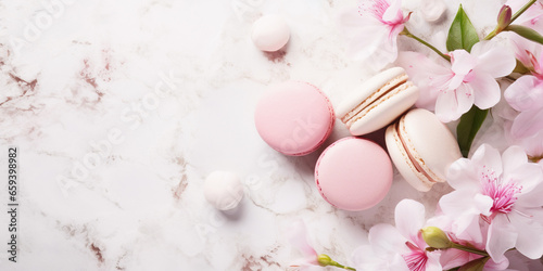 Gourmet macaroon dessert with pink flowers, creating a delicate and festive scene.