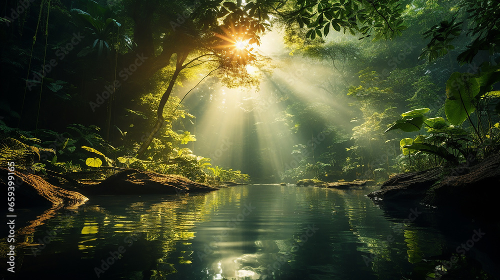 sun shining through a tranquil and peaceful jungle sun shining through a tranquil and peaceful jungle