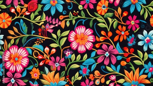 Seamless pattern  traditional homemade hispanic floral textile background with vibrant colors