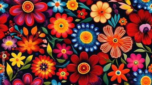 Seamless pattern background of traditional homemade hispanic floral textile with vibrant colors photo