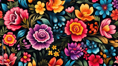 Background of a traditional homemade hispanic floral textile, vibrant colors and seamless pattern photo