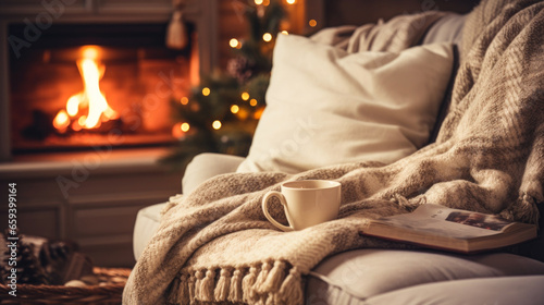 Photo of a cozy scene of a cup of coffee, a book and a warm blanket on a couch next to a fireplace photo