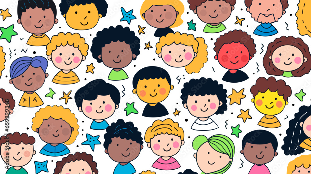 Diverse colorful children people face seamless pattern Diverse colorful children people face seamless pattern