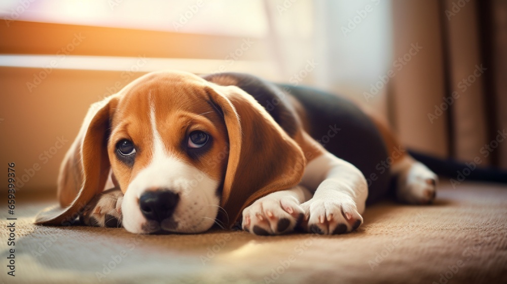 Puppy Diseases, Common Illnesses in Puppies. Beagle is ailing. The puppy is laying on the floor on a dog bed. At home, a sad sick beagle Puppy Diseases, Common Illnesses in Puppies. Beagle is ailing. The puppy is laying on the floor on a dog bed. At home, a sad sick beagle