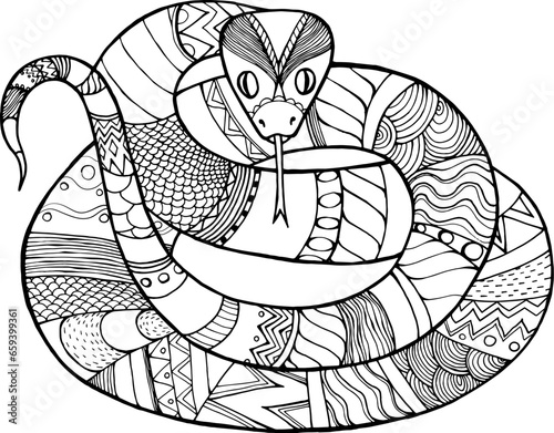 snake consisting of patterns and lines, hand drawn, doodle, coloring book for adults and children, black and white vector